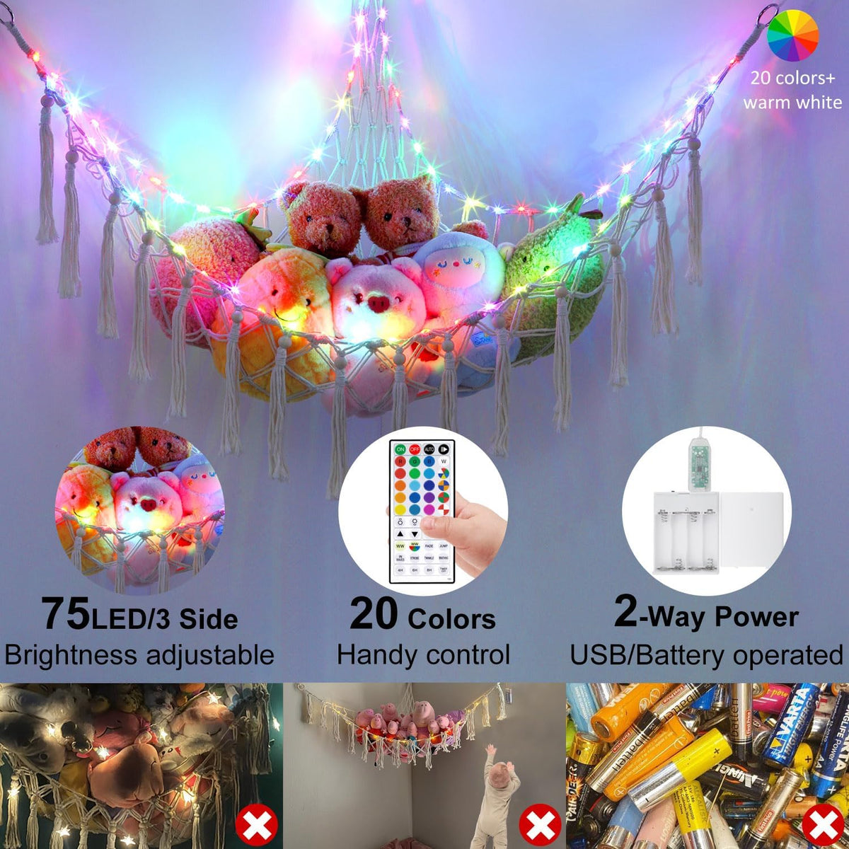 Stuffed Animal Hammock, 55in Storage Macrame Hammock with 75LEDs, Hanging Net for Kids Bedroom Doll Room Corner Organizer, USB Powered Plush Animal with Remote (Hot Pink, XL)