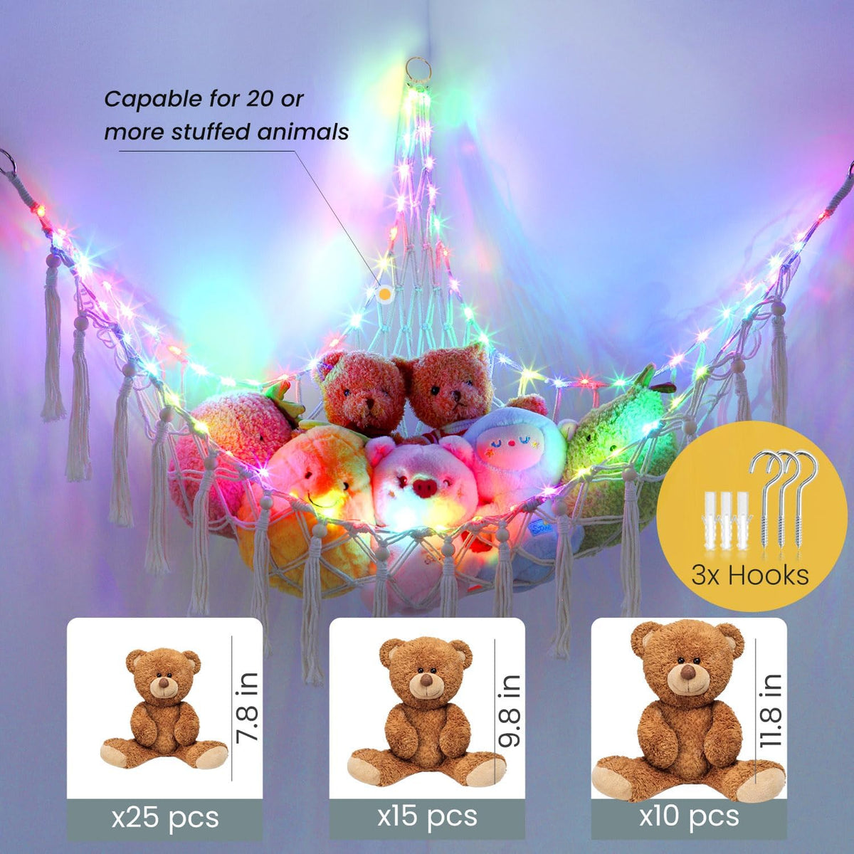Stuffed Animal Hammock, 55in Storage Macrame Hammock with 75LEDs, Hanging Net for Kids Bedroom Doll Room Corner Organizer, USB Powered Plush Animal with Remote (Hot Pink, XL)