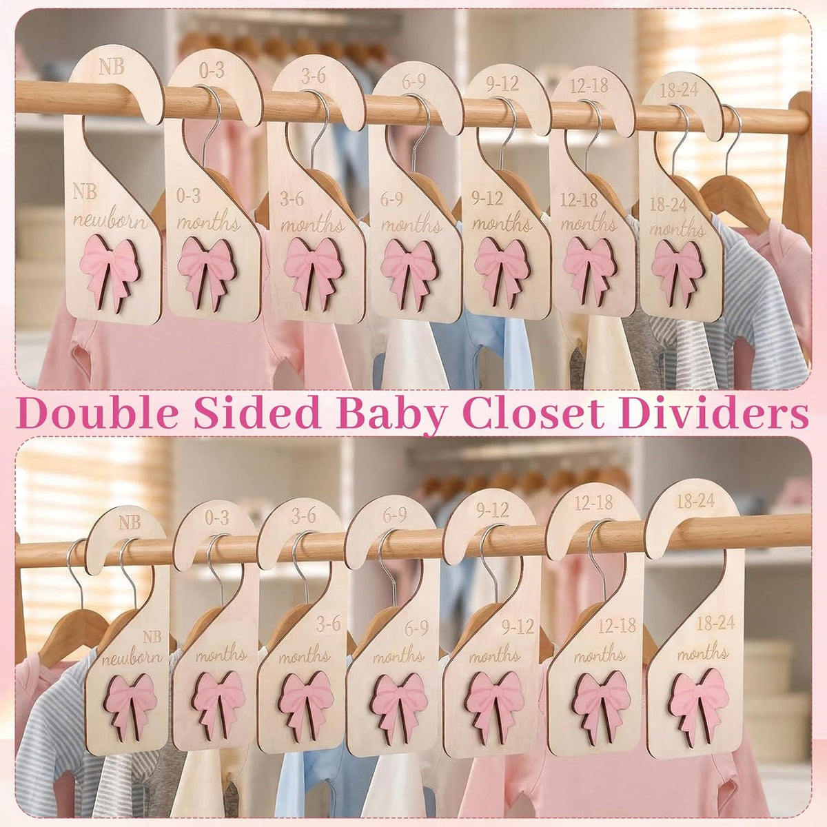 7Pieces Wooden Baby Closet Dividers Coquette Pink Bow Baby Clothes Dividers
