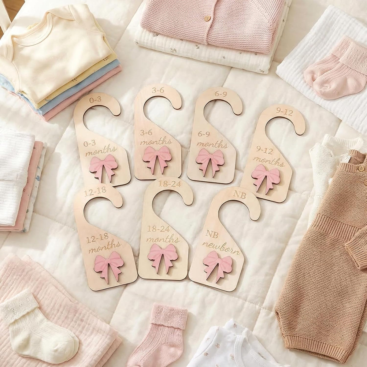 7Pieces Wooden Baby Closet Dividers Coquette Pink Bow Baby Clothes Dividers