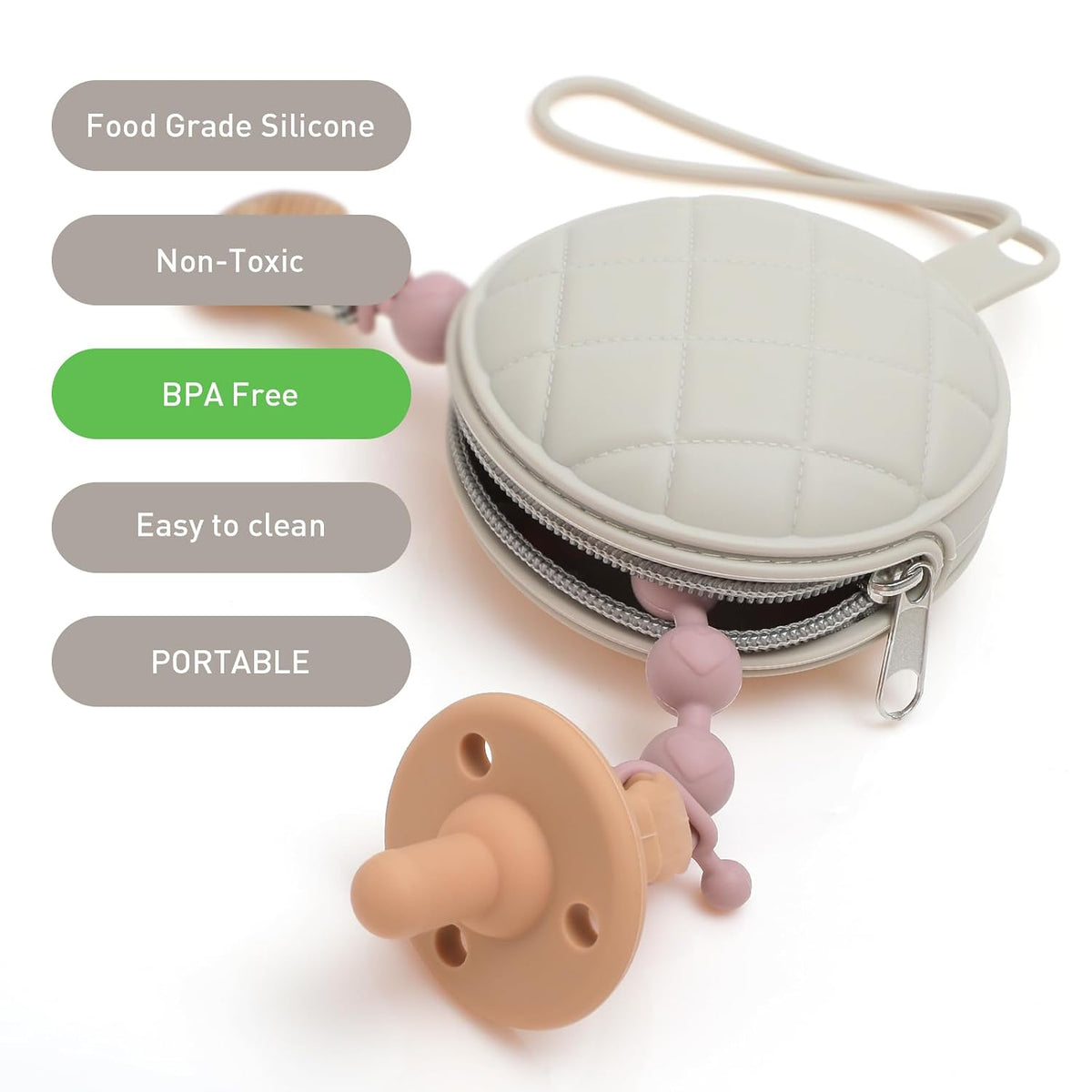 Pacifier Holder Case, Soft Silicone Portable Pacifier Clip and Accessory Pouch for Newborn Baby, BPA Free (Sage + Ether)