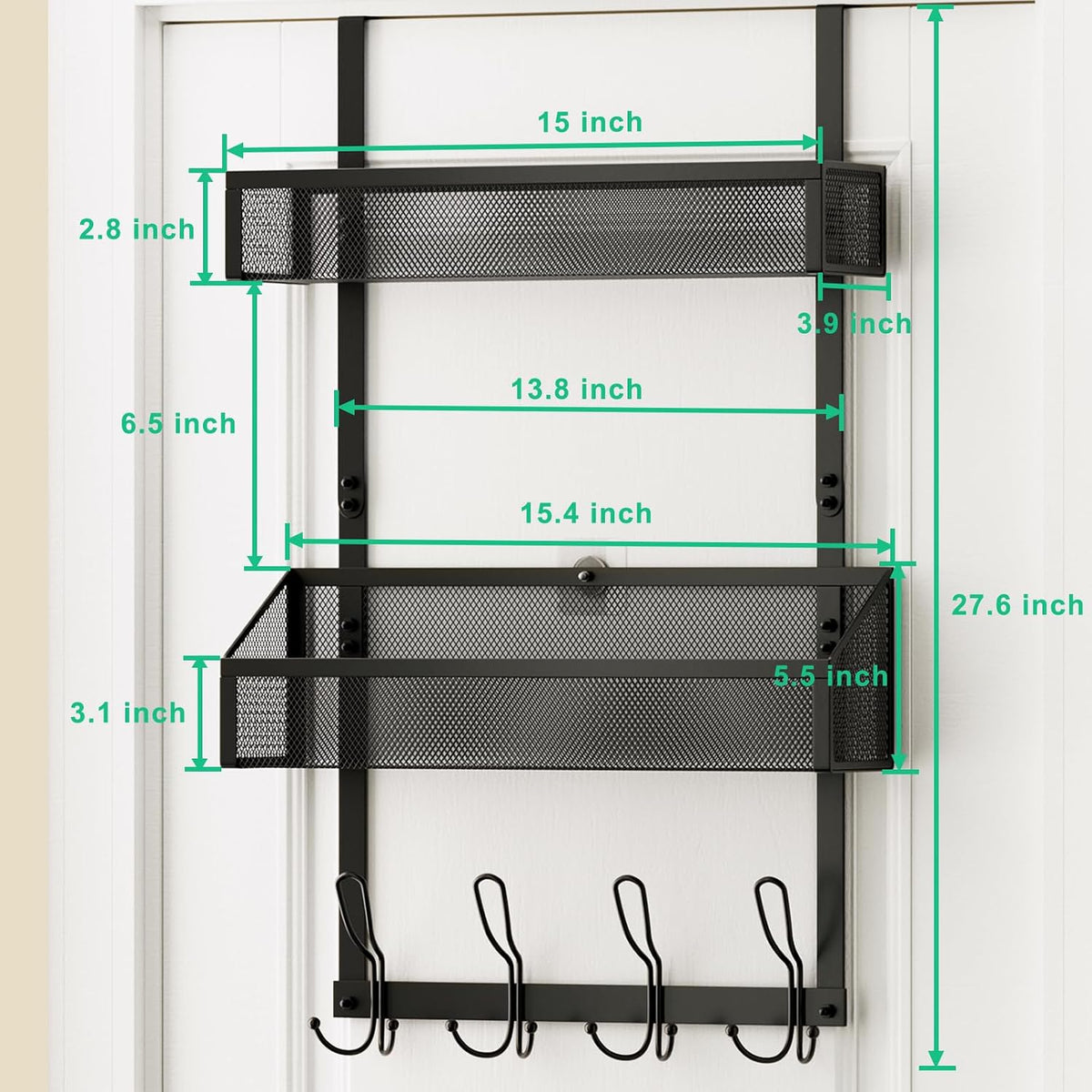 Hocookeeper Over the Door Organizer, Over The Door Hooks & Baskets - 12 Hooks & 2 Mesh Baskets Back of Door Storage Organizer for Bathroom, Kitchen, Bedroom (White)