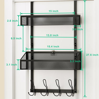 Hocookeeper Over the Door Organizer, Over The Door Hooks & Baskets - 12 Hooks & 2 Mesh Baskets Back of Door Storage Organizer for Bathroom, Kitchen, Bedroom (White)