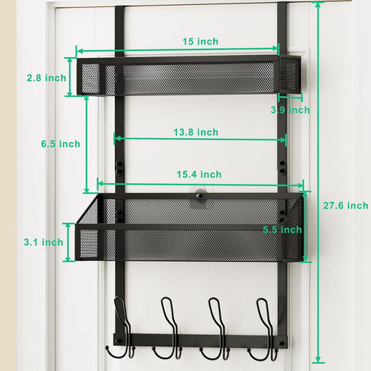 Hocookeeper Over the Door Organizer, Over The Door Hooks & Baskets - 12 Hooks & 2 Mesh Baskets Back of Door Storage Organizer for Bathroom, Kitchen, Bedroom (White)