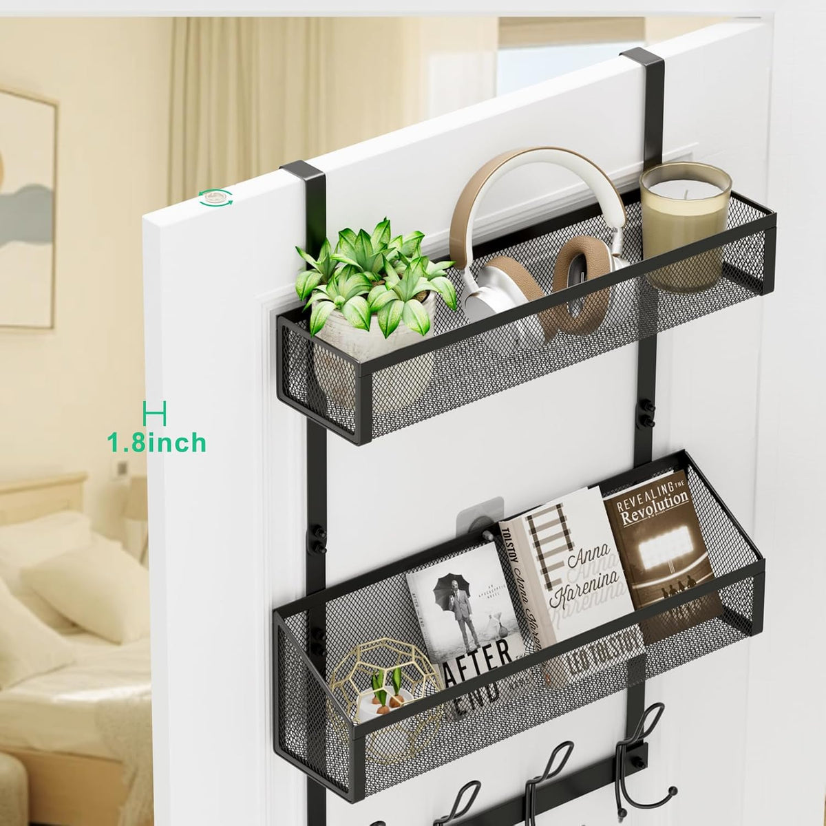Hocookeeper Over the Door Organizer, Over The Door Hooks & Baskets - 12 Hooks & 2 Mesh Baskets Back of Door Storage Organizer for Bathroom, Kitchen, Bedroom (White)