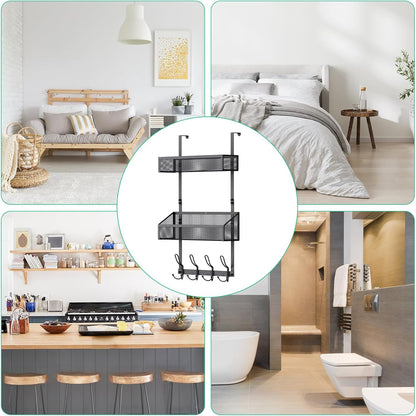 Hocookeeper Over the Door Organizer, Over The Door Hooks & Baskets - 12 Hooks & 2 Mesh Baskets Back of Door Storage Organizer for Bathroom, Kitchen, Bedroom (White)