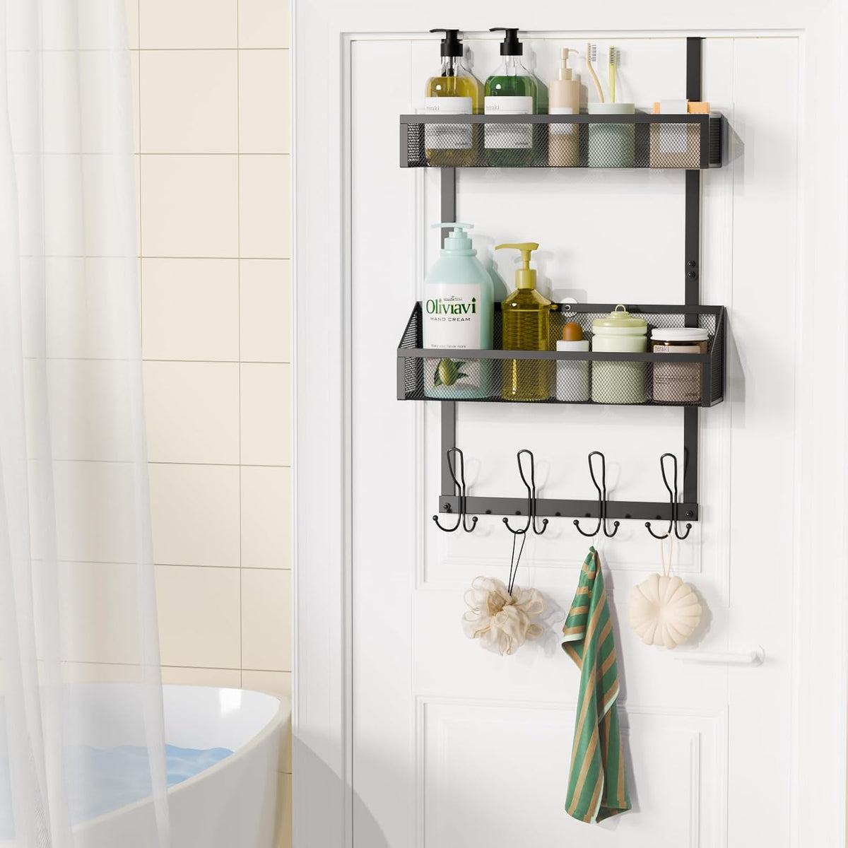 Hocookeeper Over the Door Organizer, Over The Door Hooks & Baskets - 12 Hooks & 2 Mesh Baskets Back of Door Storage Organizer for Bathroom, Kitchen, Bedroom (White)