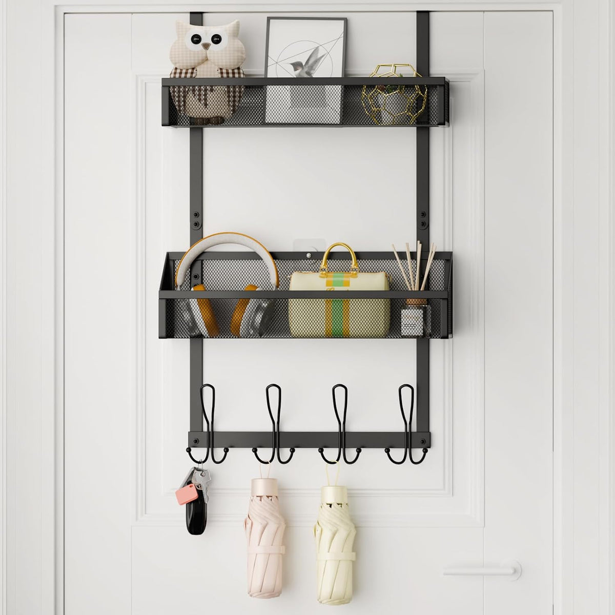 Hocookeeper Over the Door Organizer, Over The Door Hooks & Baskets - 12 Hooks & 2 Mesh Baskets Back of Door Storage Organizer for Bathroom, Kitchen, Bedroom (White)