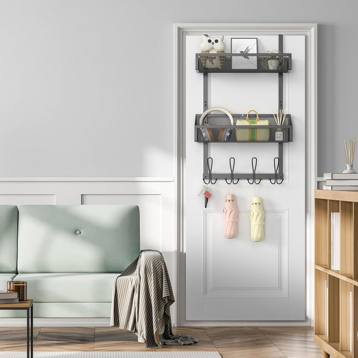 Hocookeeper Over the Door Organizer, Over The Door Hooks & Baskets - 12 Hooks & 2 Mesh Baskets Back of Door Storage Organizer for Bathroom, Kitchen, Bedroom (White)