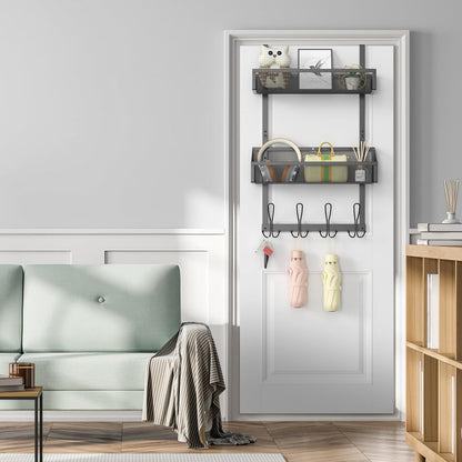 Hocookeeper Over the Door Organizer, Over The Door Hooks & Baskets - 12 Hooks & 2 Mesh Baskets Back of Door Storage Organizer for Bathroom, Kitchen, Bedroom (White)