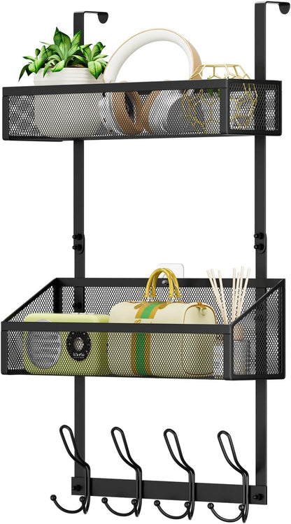 Hocookeeper Over the Door Organizer, Over The Door Hooks & Baskets - 12 Hooks & 2 Mesh Baskets Back of Door Storage Organizer for Bathroom, Kitchen, Bedroom (White)