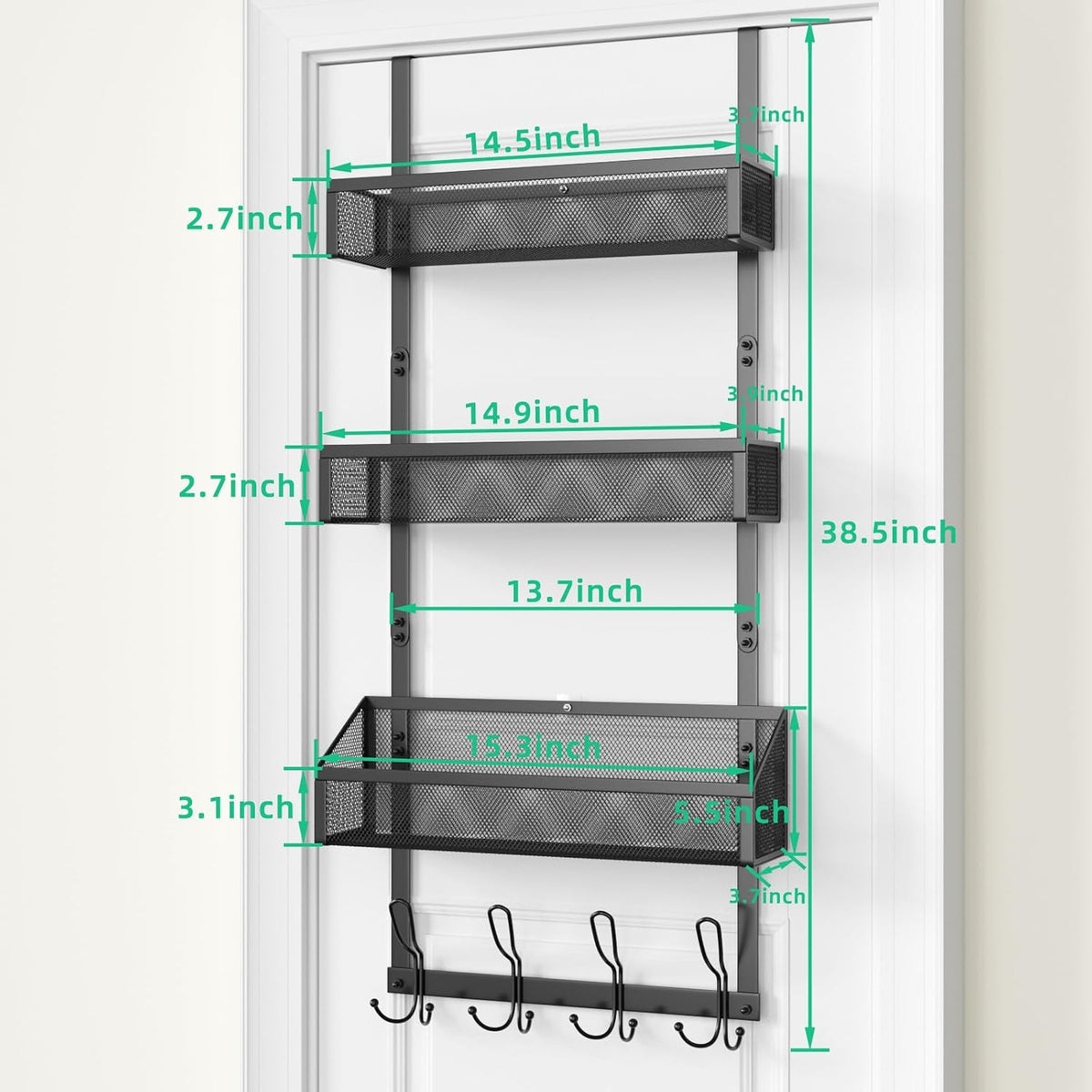 Hocookeeper Over the Door Organizer, Over The Door Hooks & Baskets - 12 Hooks & 2 Mesh Baskets Back of Door Storage Organizer for Bathroom, Kitchen, Bedroom (White)