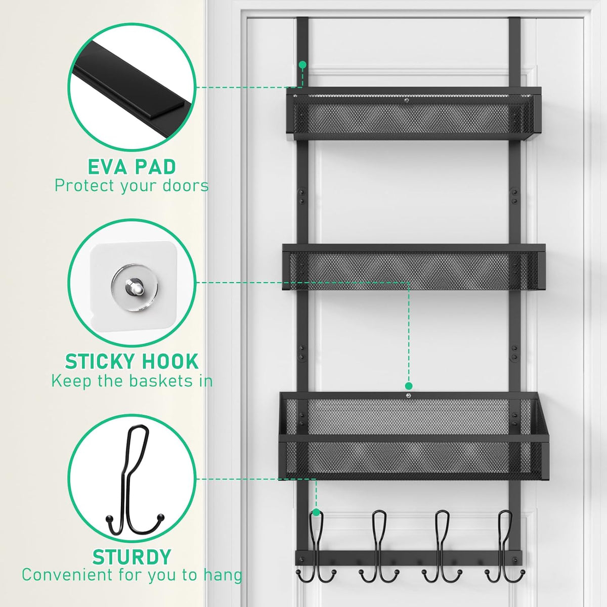 Hocookeeper Over the Door Organizer, Over The Door Hooks & Baskets - 12 Hooks & 2 Mesh Baskets Back of Door Storage Organizer for Bathroom, Kitchen, Bedroom (White)