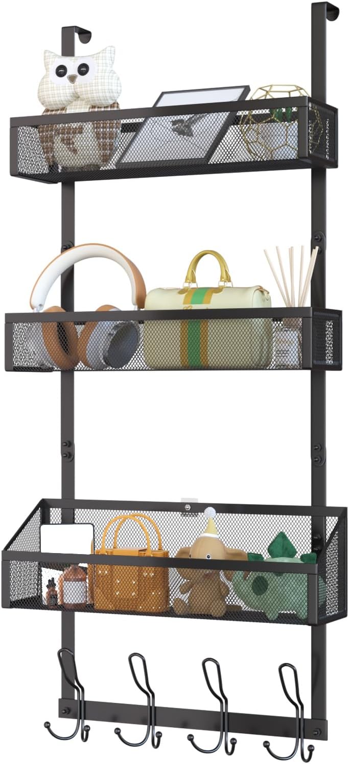 Hocookeeper Over the Door Organizer, Over The Door Hooks & Baskets - 12 Hooks & 2 Mesh Baskets Back of Door Storage Organizer for Bathroom, Kitchen, Bedroom (White)