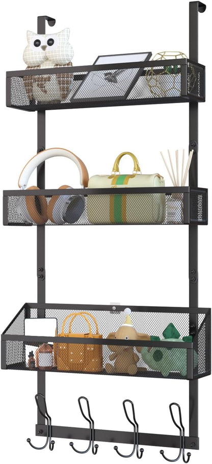Hocookeeper Over the Door Organizer, Over The Door Hooks & Baskets - 12 Hooks & 2 Mesh Baskets Back of Door Storage Organizer for Bathroom, Kitchen, Bedroom (White)