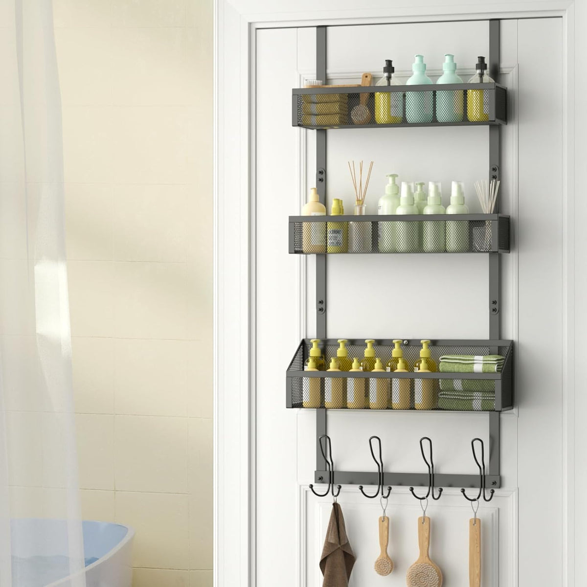 Hocookeeper Over the Door Organizer, Over The Door Hooks & Baskets - 12 Hooks & 2 Mesh Baskets Back of Door Storage Organizer for Bathroom, Kitchen, Bedroom (White)