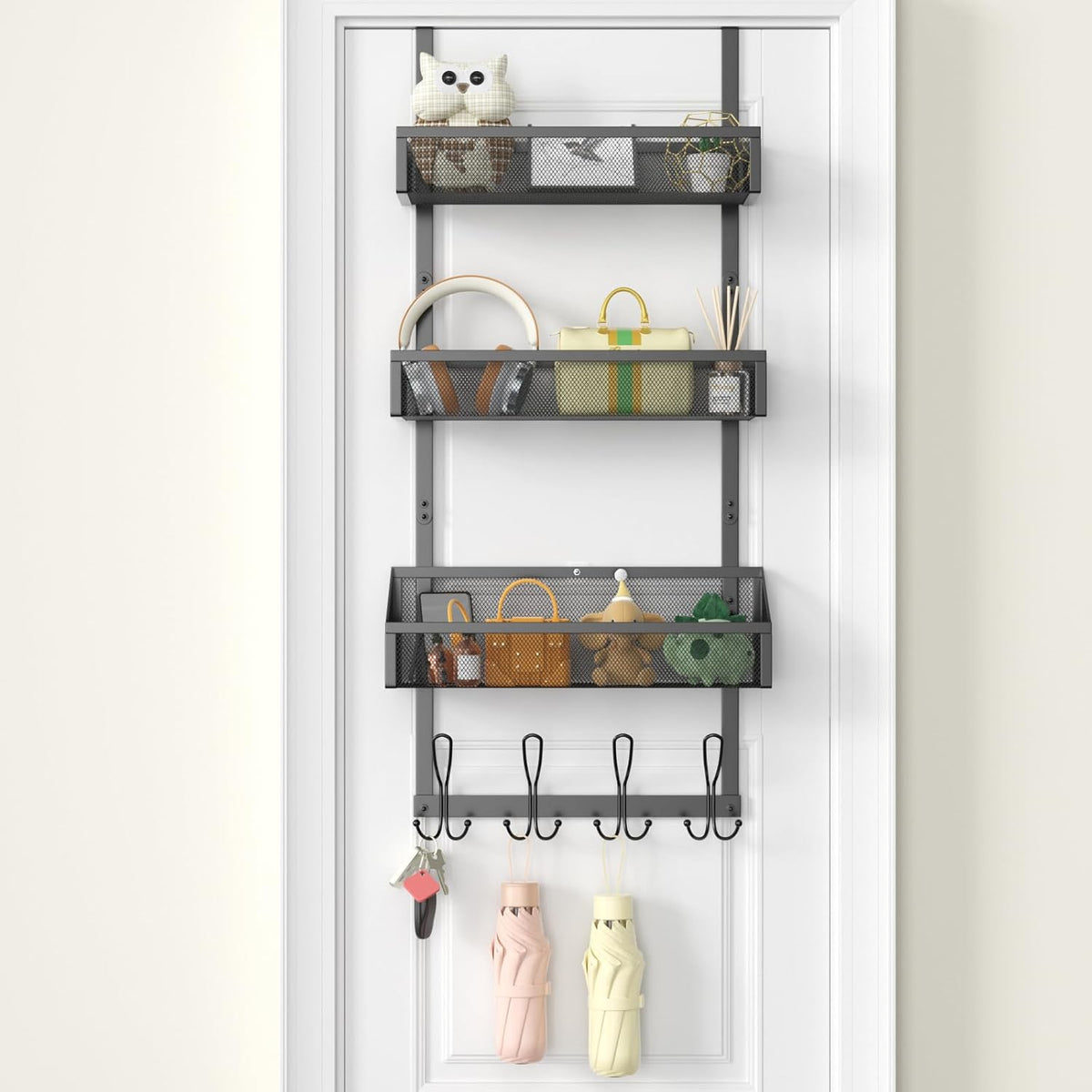Hocookeeper Over the Door Organizer, Over The Door Hooks & Baskets - 12 Hooks & 2 Mesh Baskets Back of Door Storage Organizer for Bathroom, Kitchen, Bedroom (White)