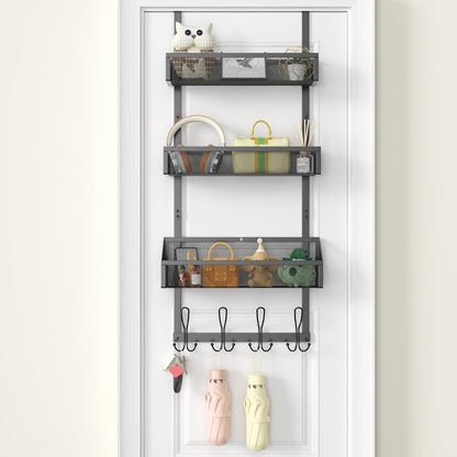Hocookeeper Over the Door Organizer, Over The Door Hooks & Baskets - 12 Hooks & 2 Mesh Baskets Back of Door Storage Organizer for Bathroom, Kitchen, Bedroom (White)