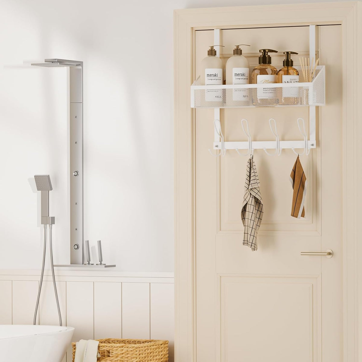 Hocookeeper Over the Door Organizer, Over The Door Hooks & Baskets - 12 Hooks & 2 Mesh Baskets Back of Door Storage Organizer for Bathroom, Kitchen, Bedroom (White)