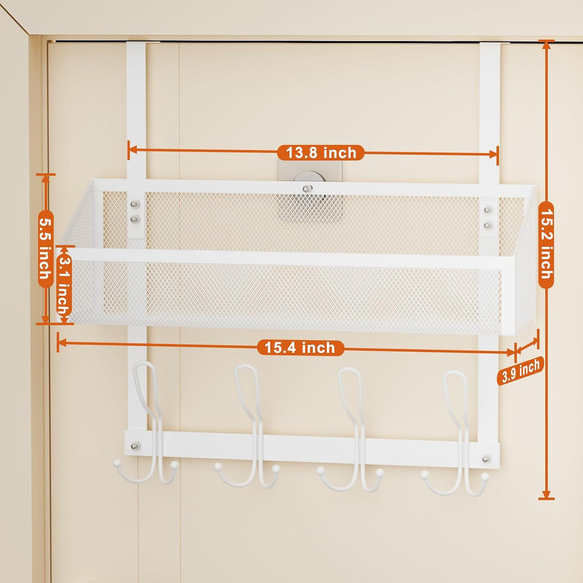 Hocookeeper Over the Door Organizer, Over The Door Hooks & Baskets - 12 Hooks & 2 Mesh Baskets Back of Door Storage Organizer for Bathroom, Kitchen, Bedroom (White)
