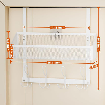 Hocookeeper Over the Door Organizer, Over The Door Hooks & Baskets - 12 Hooks & 2 Mesh Baskets Back of Door Storage Organizer for Bathroom, Kitchen, Bedroom (White)