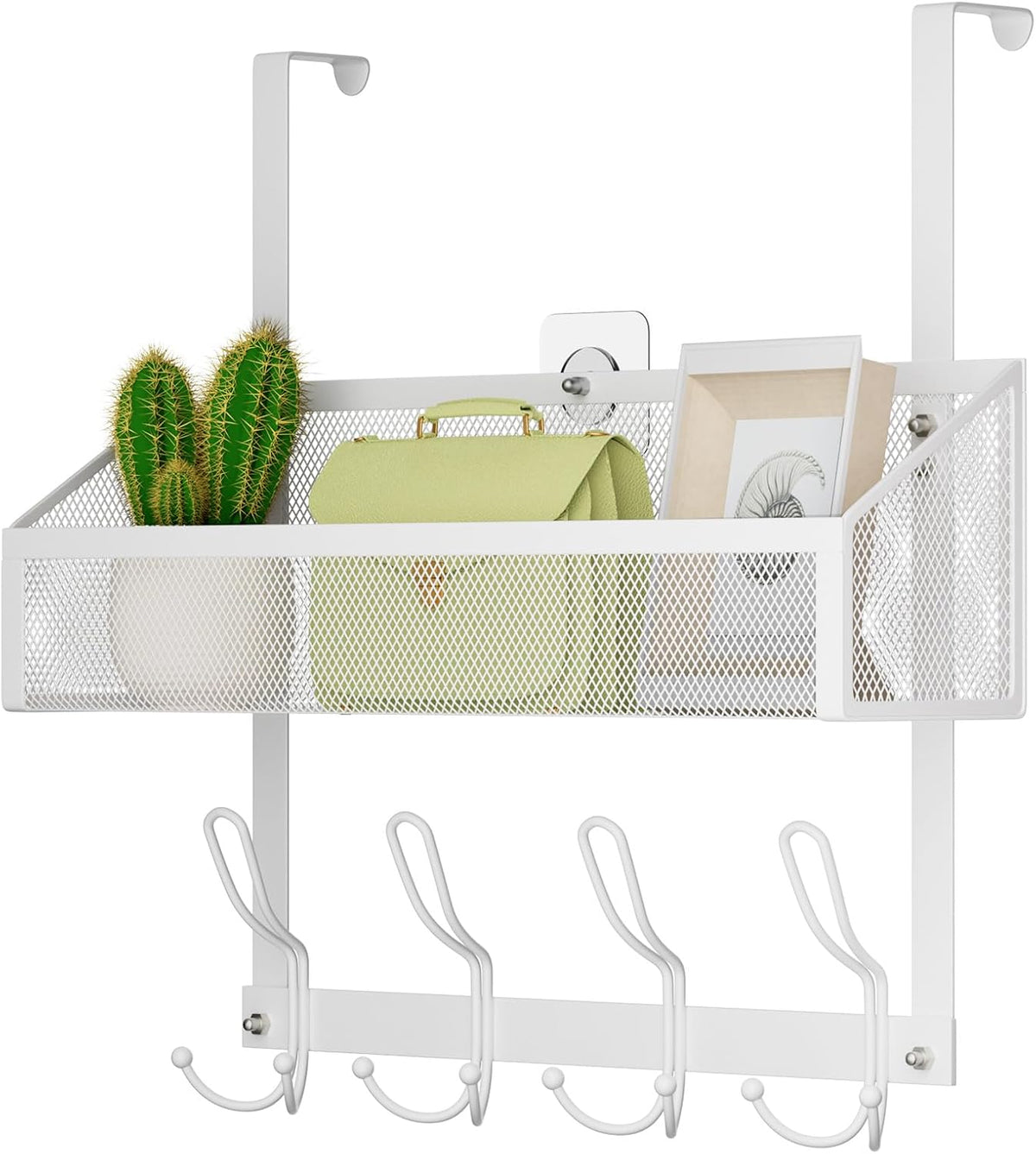 Hocookeeper Over the Door Organizer, Over The Door Hooks & Baskets - 12 Hooks & 2 Mesh Baskets Back of Door Storage Organizer for Bathroom, Kitchen, Bedroom (White)