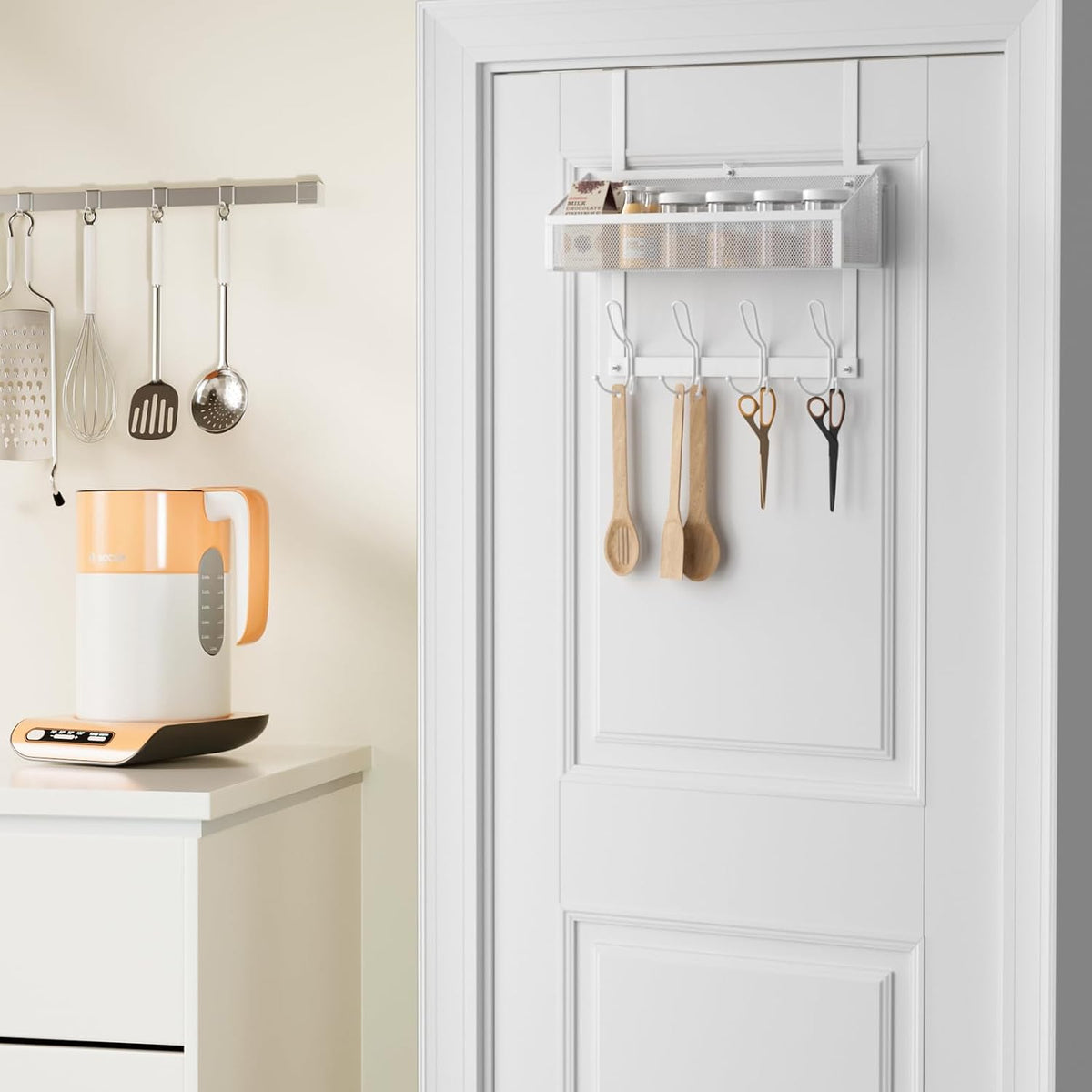 Hocookeeper Over the Door Organizer, Over The Door Hooks & Baskets - 12 Hooks & 2 Mesh Baskets Back of Door Storage Organizer for Bathroom, Kitchen, Bedroom (White)