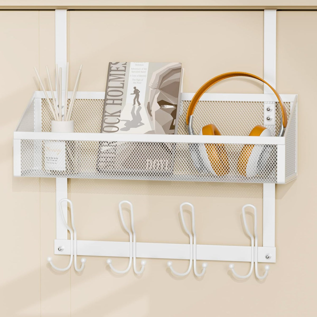 Hocookeeper Over the Door Organizer, Over The Door Hooks & Baskets - 12 Hooks & 2 Mesh Baskets Back of Door Storage Organizer for Bathroom, Kitchen, Bedroom (White)