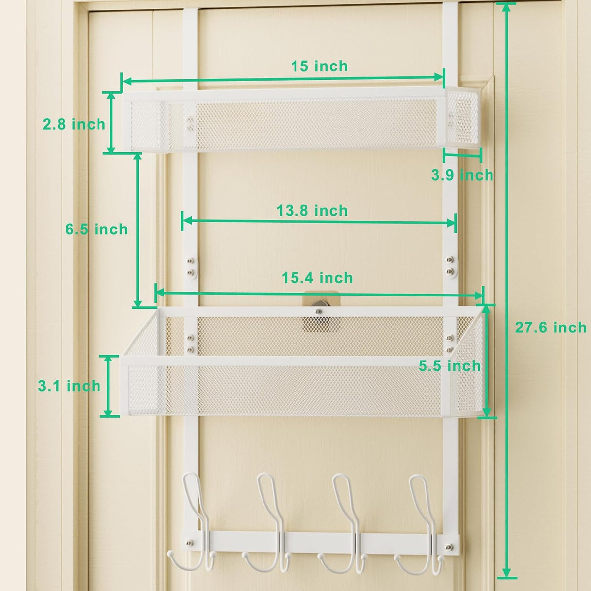 Hocookeeper Over the Door Organizer, Over The Door Hooks & Baskets - 12 Hooks & 2 Mesh Baskets Back of Door Storage Organizer for Bathroom, Kitchen, Bedroom (White)