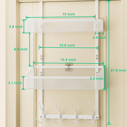 Hocookeeper Over the Door Organizer, Over The Door Hooks & Baskets - 12 Hooks & 2 Mesh Baskets Back of Door Storage Organizer for Bathroom, Kitchen, Bedroom (White)