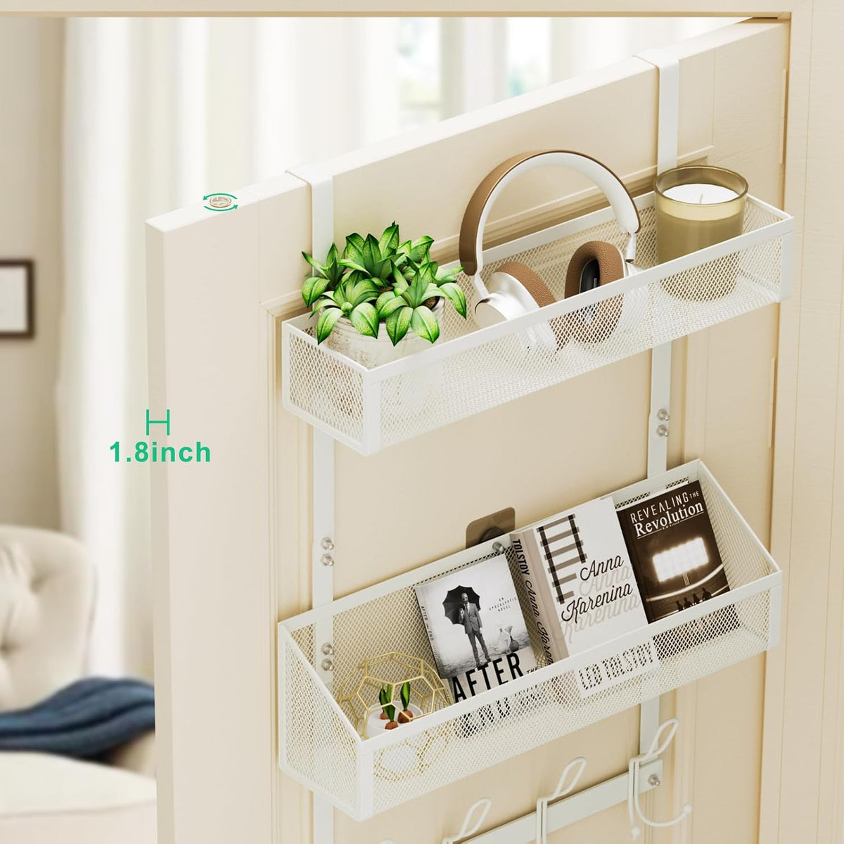 Hocookeeper Over the Door Organizer, Over The Door Hooks & Baskets - 12 Hooks & 2 Mesh Baskets Back of Door Storage Organizer for Bathroom, Kitchen, Bedroom (White)