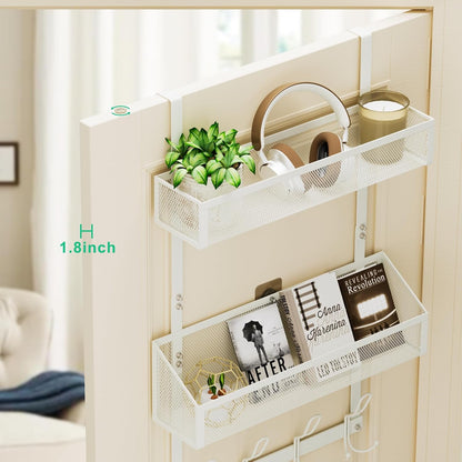 Hocookeeper Over the Door Organizer, Over The Door Hooks & Baskets - 12 Hooks & 2 Mesh Baskets Back of Door Storage Organizer for Bathroom, Kitchen, Bedroom (White)