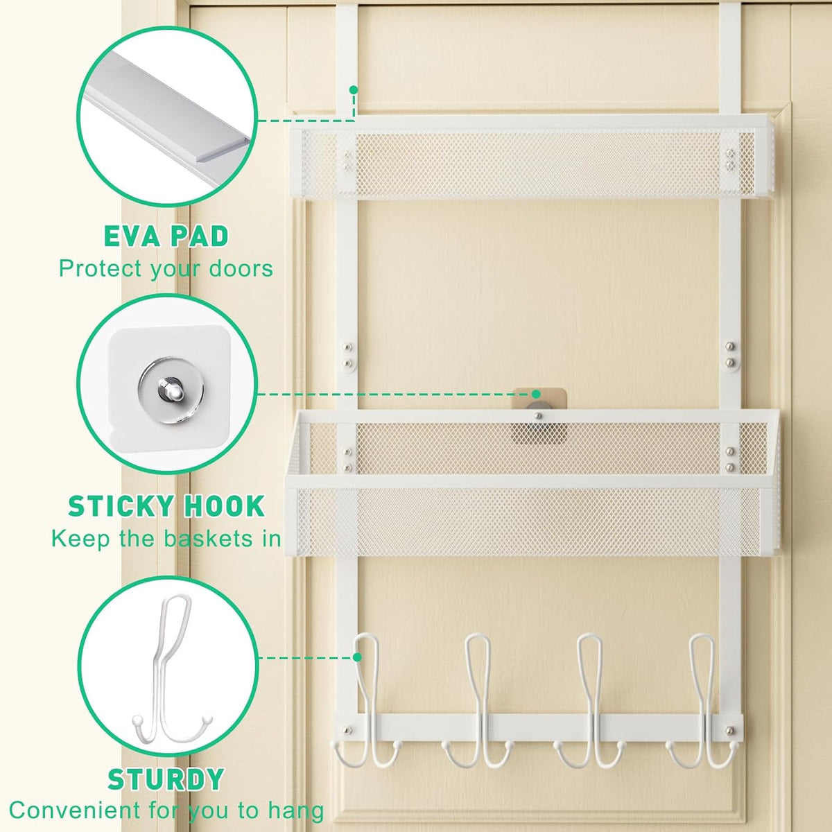 Hocookeeper Over the Door Organizer, Over The Door Hooks & Baskets - 12 Hooks & 2 Mesh Baskets Back of Door Storage Organizer for Bathroom, Kitchen, Bedroom (White)