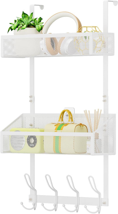 Hocookeeper Over the Door Organizer, Over The Door Hooks & Baskets - 12 Hooks & 2 Mesh Baskets Back of Door Storage Organizer for Bathroom, Kitchen, Bedroom (White)