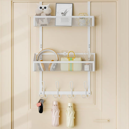 Hocookeeper Over the Door Organizer, Over The Door Hooks & Baskets - 12 Hooks & 2 Mesh Baskets Back of Door Storage Organizer for Bathroom, Kitchen, Bedroom (White)