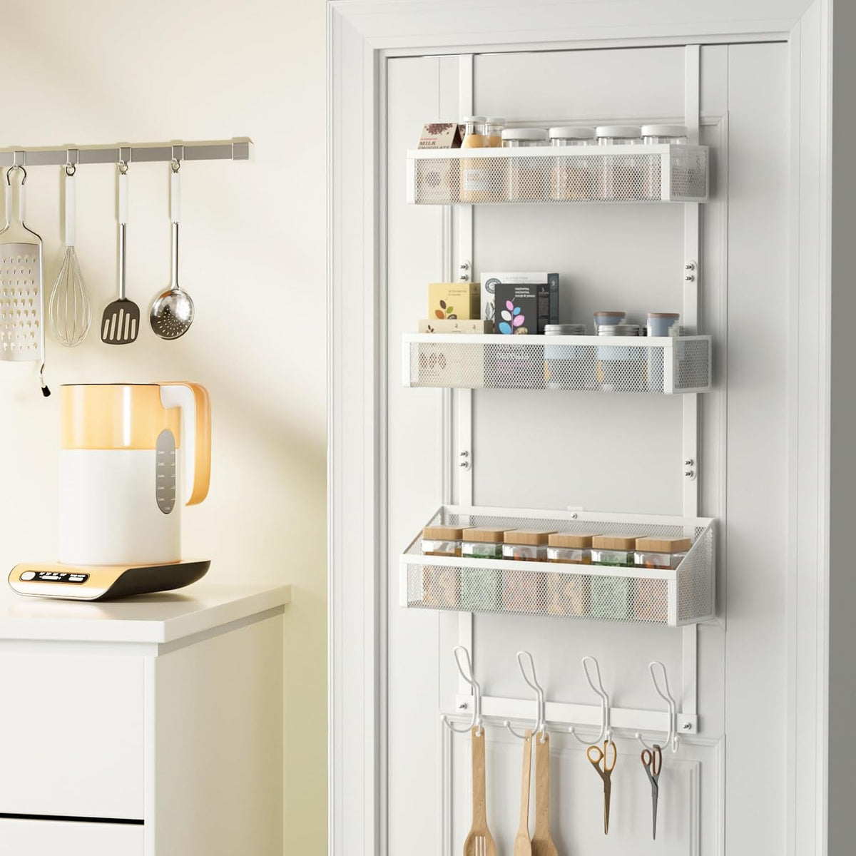 Hocookeeper Over the Door Organizer, Over The Door Hooks & Baskets - 12 Hooks & 2 Mesh Baskets Back of Door Storage Organizer for Bathroom, Kitchen, Bedroom (White)