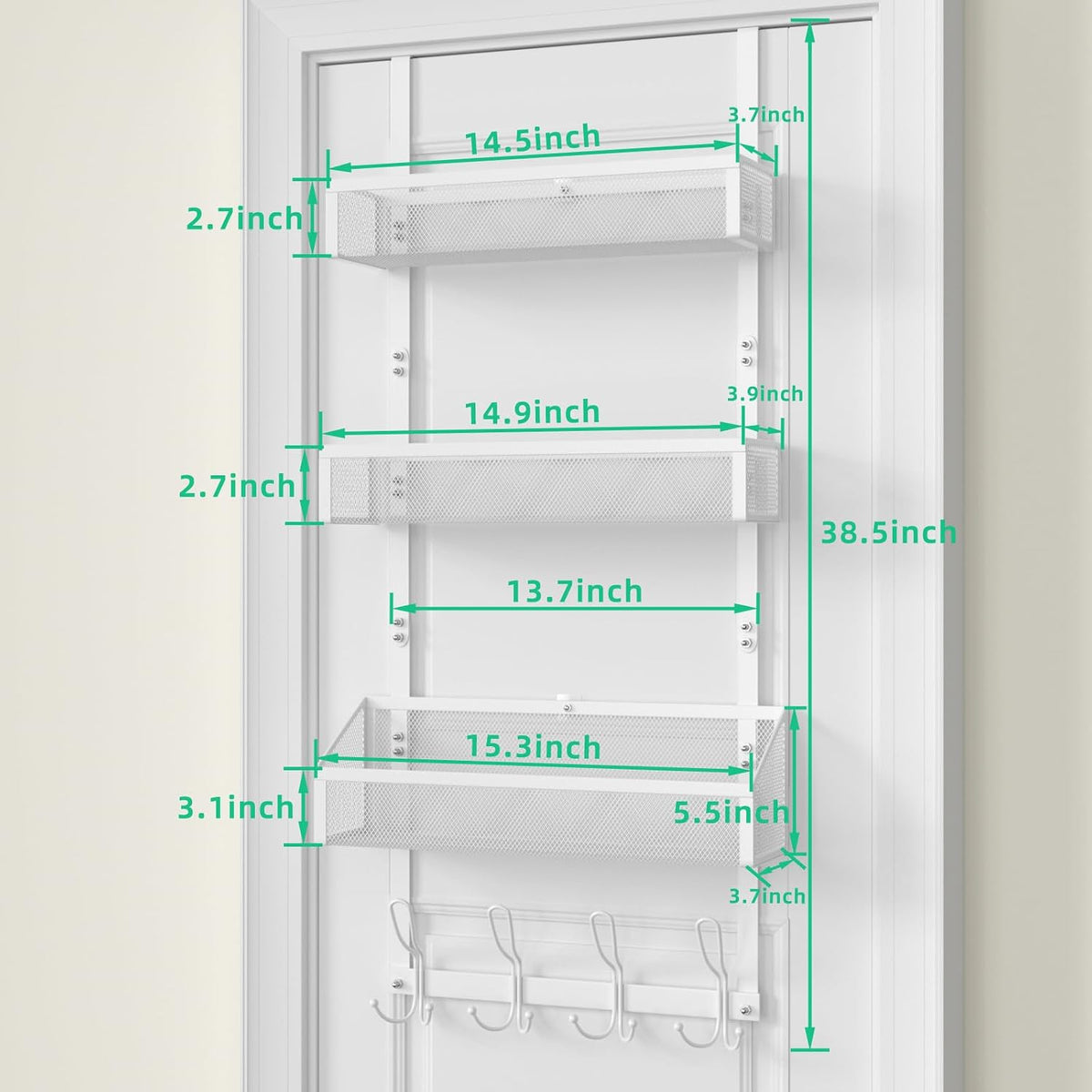 Hocookeeper Over the Door Organizer, Over The Door Hooks & Baskets - 12 Hooks & 2 Mesh Baskets Back of Door Storage Organizer for Bathroom, Kitchen, Bedroom (White)