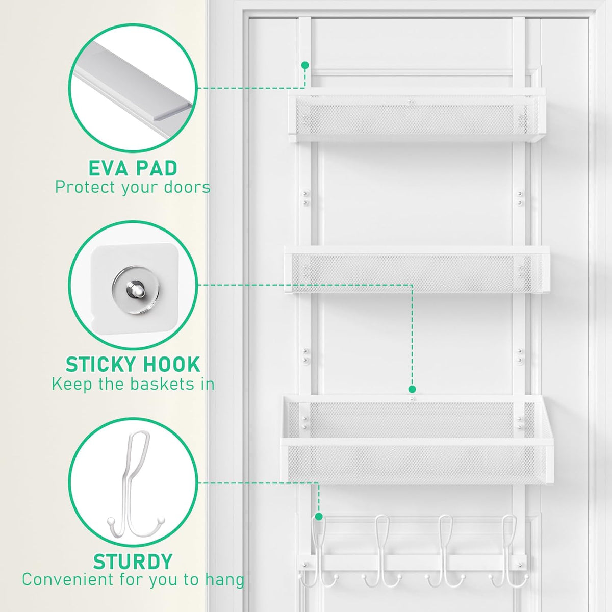 Hocookeeper Over the Door Organizer, Over The Door Hooks & Baskets - 12 Hooks & 2 Mesh Baskets Back of Door Storage Organizer for Bathroom, Kitchen, Bedroom (White)