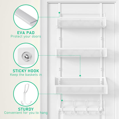 Hocookeeper Over the Door Organizer, Over The Door Hooks & Baskets - 12 Hooks & 2 Mesh Baskets Back of Door Storage Organizer for Bathroom, Kitchen, Bedroom (White)