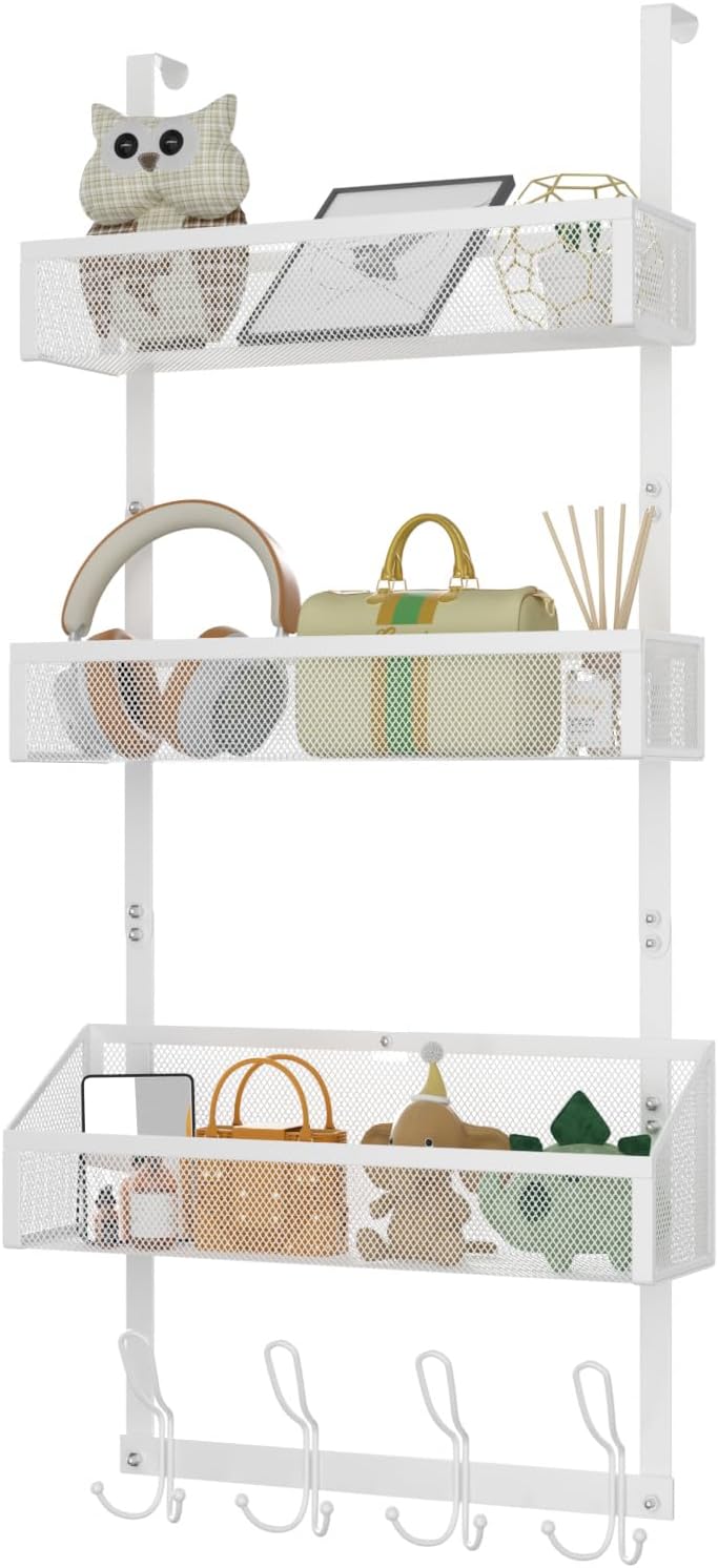 Hocookeeper Over the Door Organizer, Over The Door Hooks & Baskets - 12 Hooks & 2 Mesh Baskets Back of Door Storage Organizer for Bathroom, Kitchen, Bedroom (White)