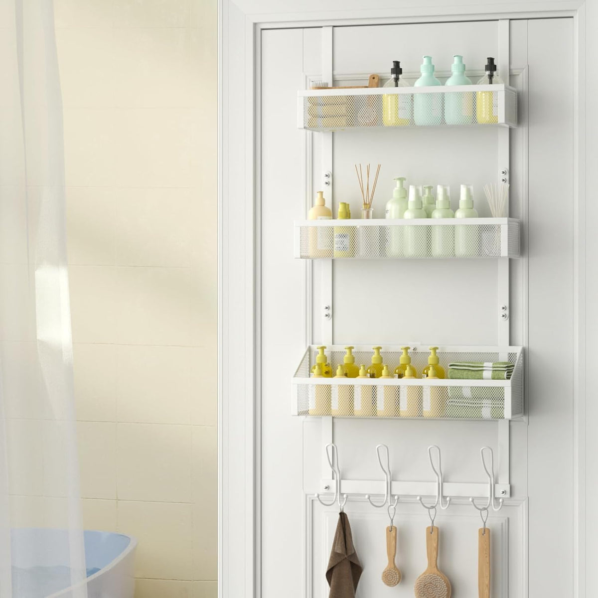 Hocookeeper Over the Door Organizer, Over The Door Hooks & Baskets - 12 Hooks & 2 Mesh Baskets Back of Door Storage Organizer for Bathroom, Kitchen, Bedroom (White)
