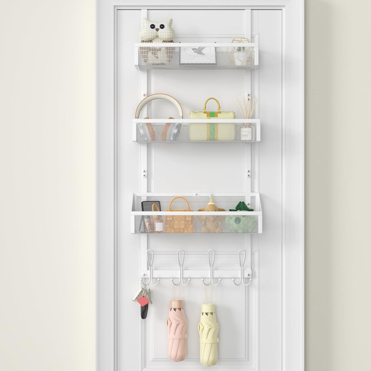 Hocookeeper Over the Door Organizer, Over The Door Hooks & Baskets - 12 Hooks & 2 Mesh Baskets Back of Door Storage Organizer for Bathroom, Kitchen, Bedroom (White)
