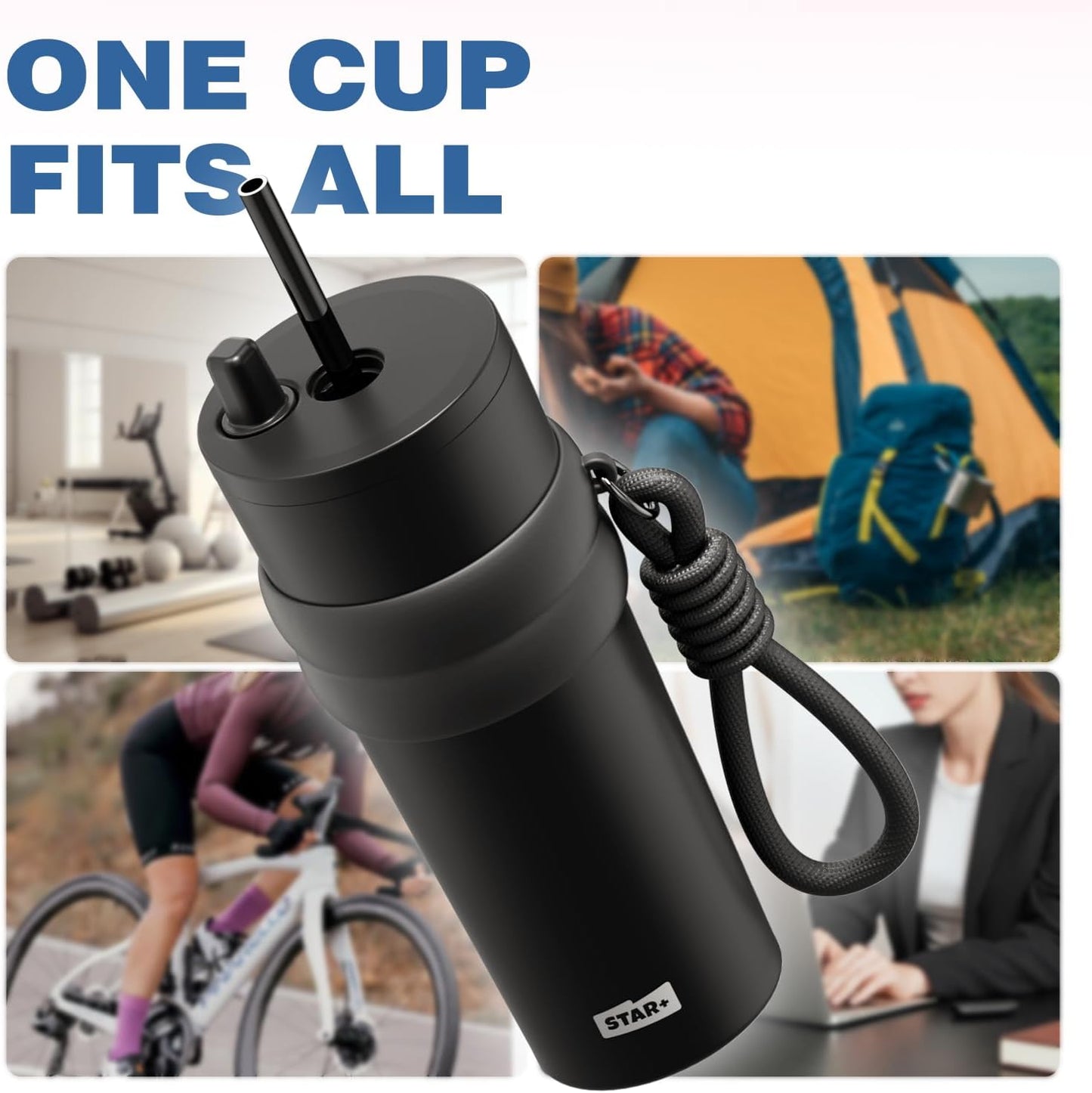+ 24 oz Stainless Steel Tumbler with Lid and Straw, Insulated Water Bottle Leak Proof for Hot and Cold, Portable Travel Coffee Mug, Reusable Coffee Cup for Women, Blue