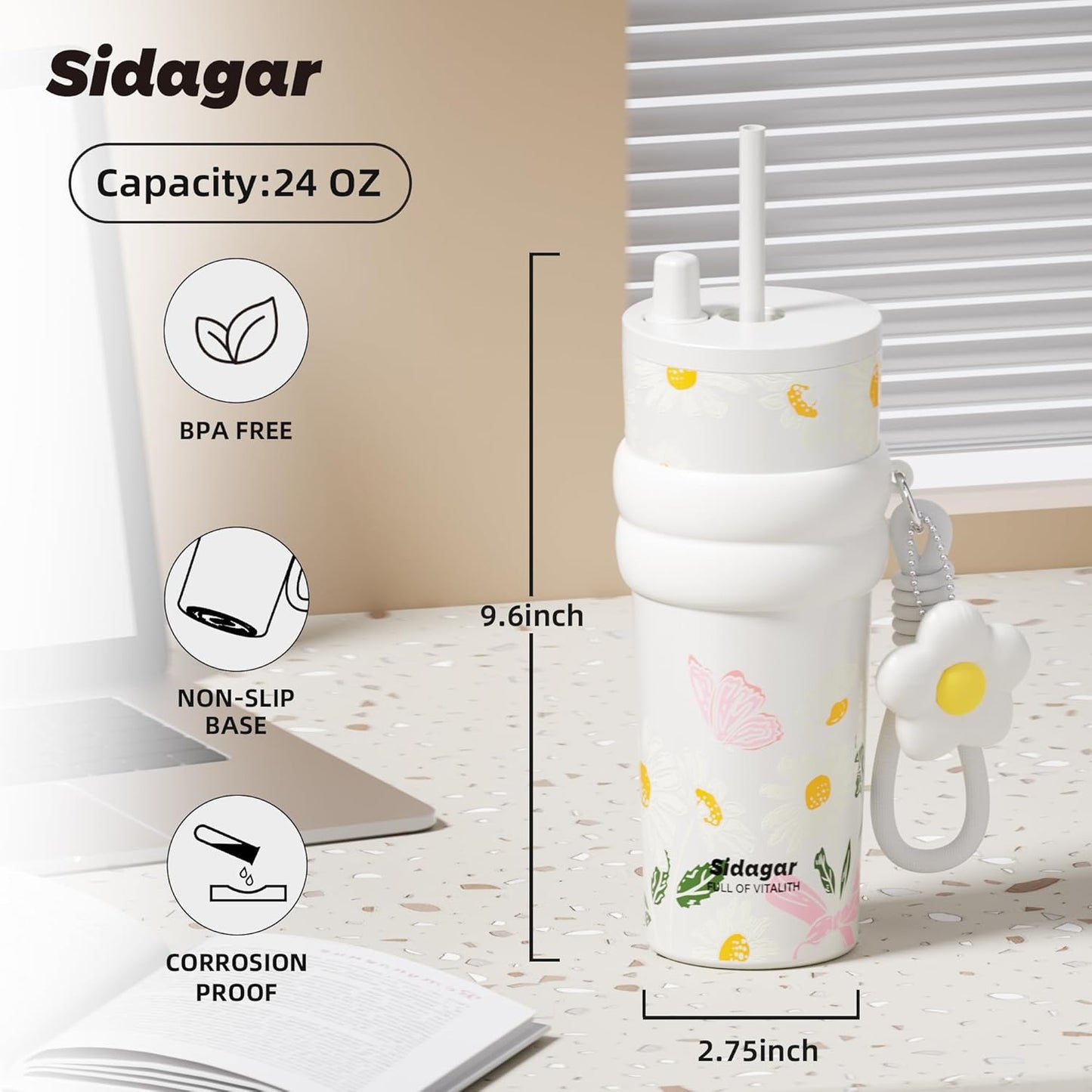 + 24 oz Stainless Steel Tumbler with Lid and Straw, Insulated Water Bottle Leak Proof for Hot and Cold, Portable Travel Coffee Mug, Reusable Coffee Cup for Women, Blue