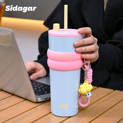 + 24 oz Stainless Steel Tumbler with Lid and Straw, Insulated Water Bottle Leak Proof for Hot and Cold, Portable Travel Coffee Mug, Reusable Coffee Cup for Women, Blue
