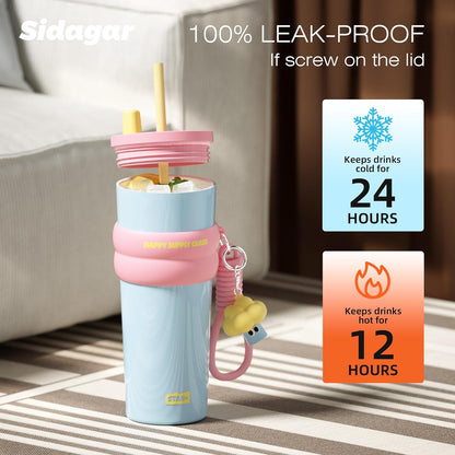 + 24 oz Stainless Steel Tumbler with Lid and Straw, Insulated Water Bottle Leak Proof for Hot and Cold, Portable Travel Coffee Mug, Reusable Coffee Cup for Women, Blue