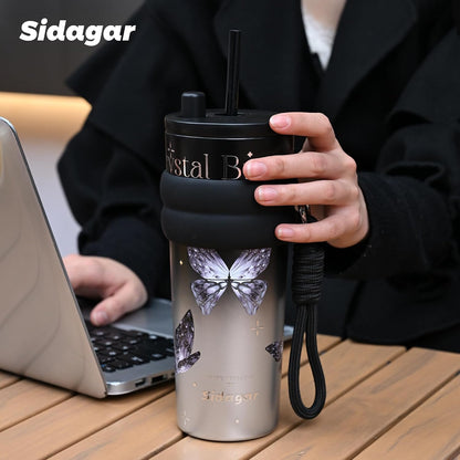 + 24 oz Stainless Steel Tumbler with Lid and Straw, Insulated Water Bottle Leak Proof for Hot and Cold, Portable Travel Coffee Mug, Reusable Coffee Cup for Women, Blue