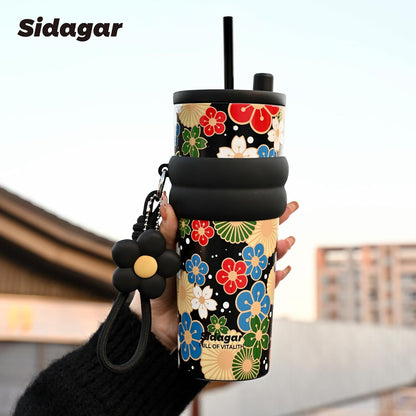 + 24 oz Stainless Steel Tumbler with Lid and Straw, Insulated Water Bottle Leak Proof for Hot and Cold, Portable Travel Coffee Mug, Reusable Coffee Cup for Women, Blue