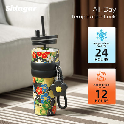 + 24 oz Stainless Steel Tumbler with Lid and Straw, Insulated Water Bottle Leak Proof for Hot and Cold, Portable Travel Coffee Mug, Reusable Coffee Cup for Women, Blue