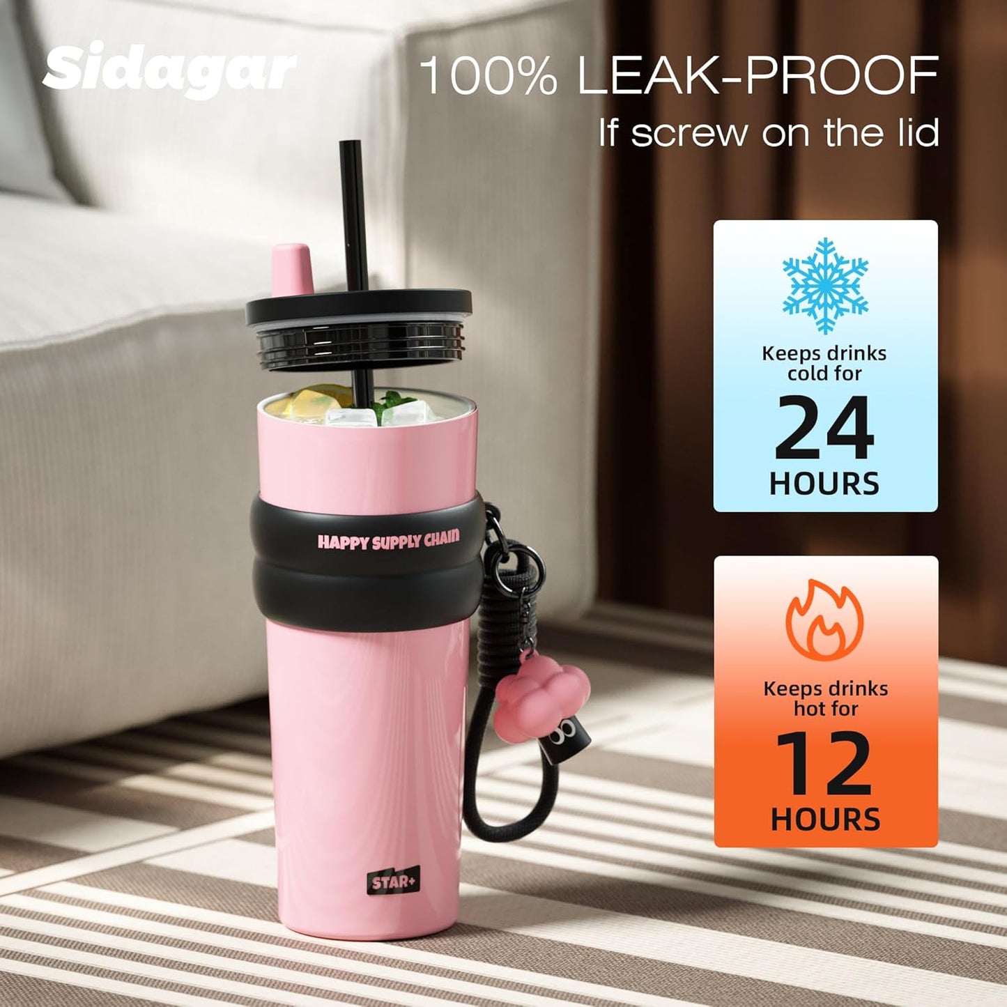 + 24 oz Stainless Steel Tumbler with Lid and Straw, Insulated Water Bottle Leak Proof for Hot and Cold, Portable Travel Coffee Mug, Reusable Coffee Cup for Women, Blue